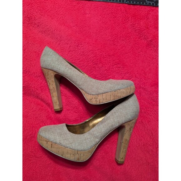 NINE WEST Ample 1210 Cork Platform Pumps Heels Beige Textile 5" Heel 10M - Picture 5 of 10